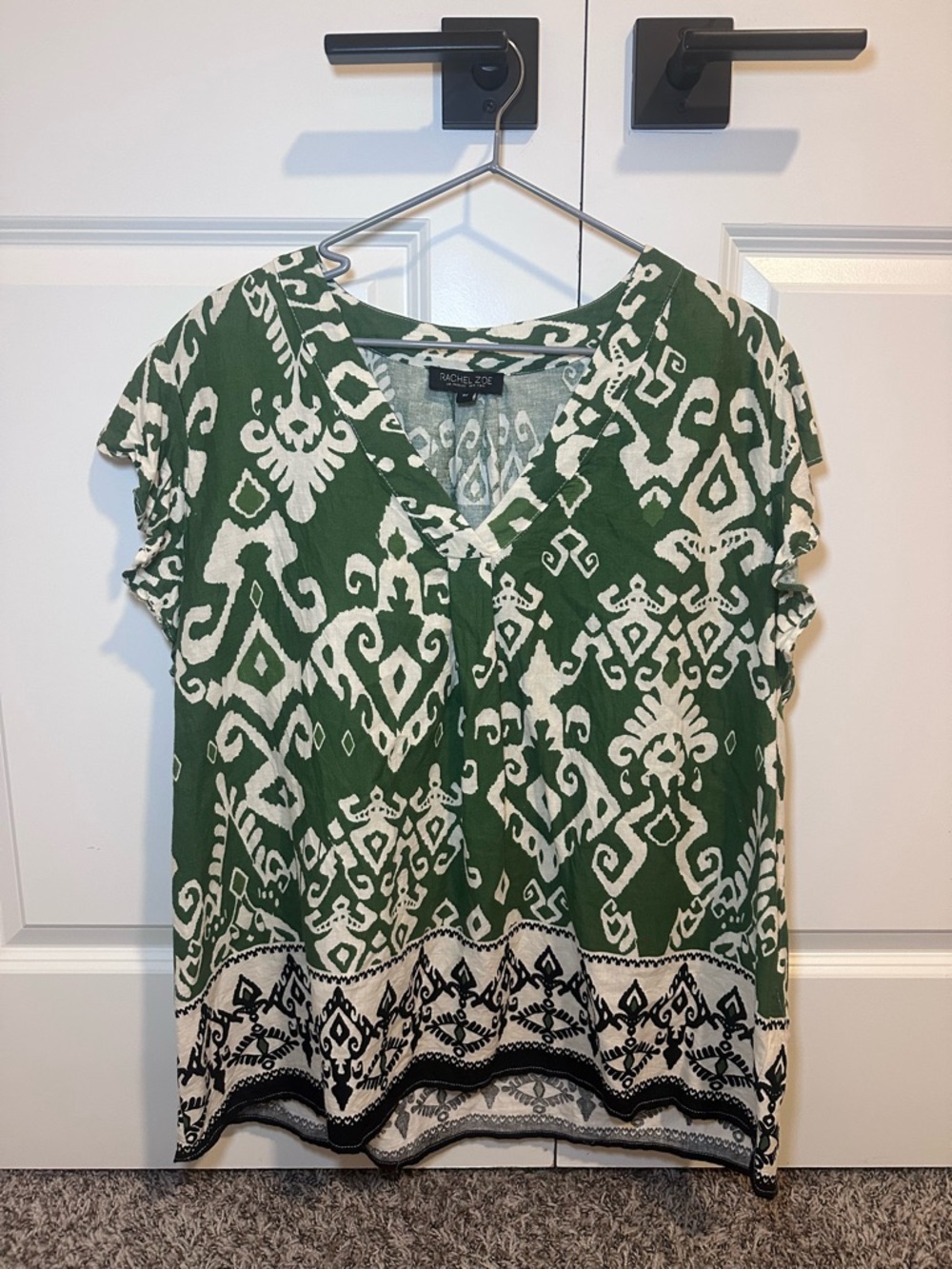 Rachel Zoe Green Ikat-Pattern V-Neck Tunic with Cream Border